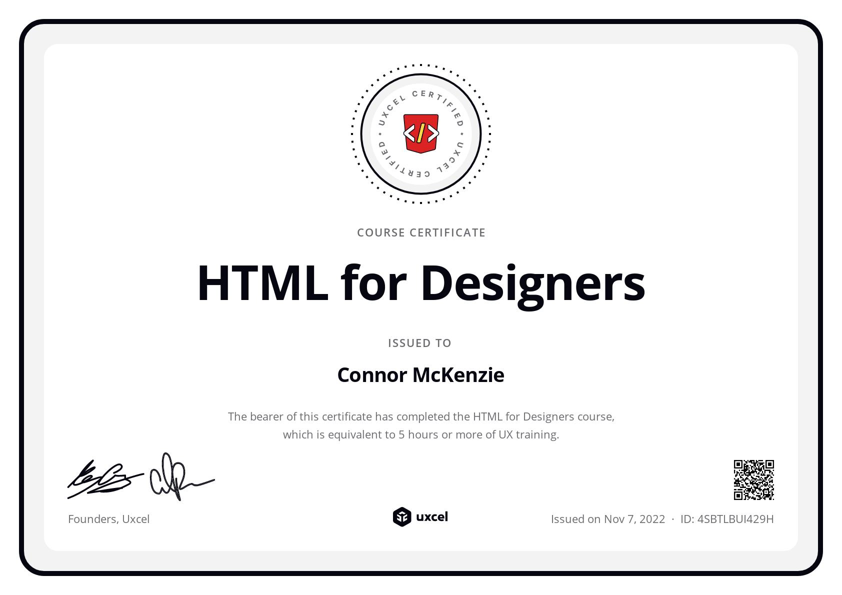 Connor McKenzie's certificate